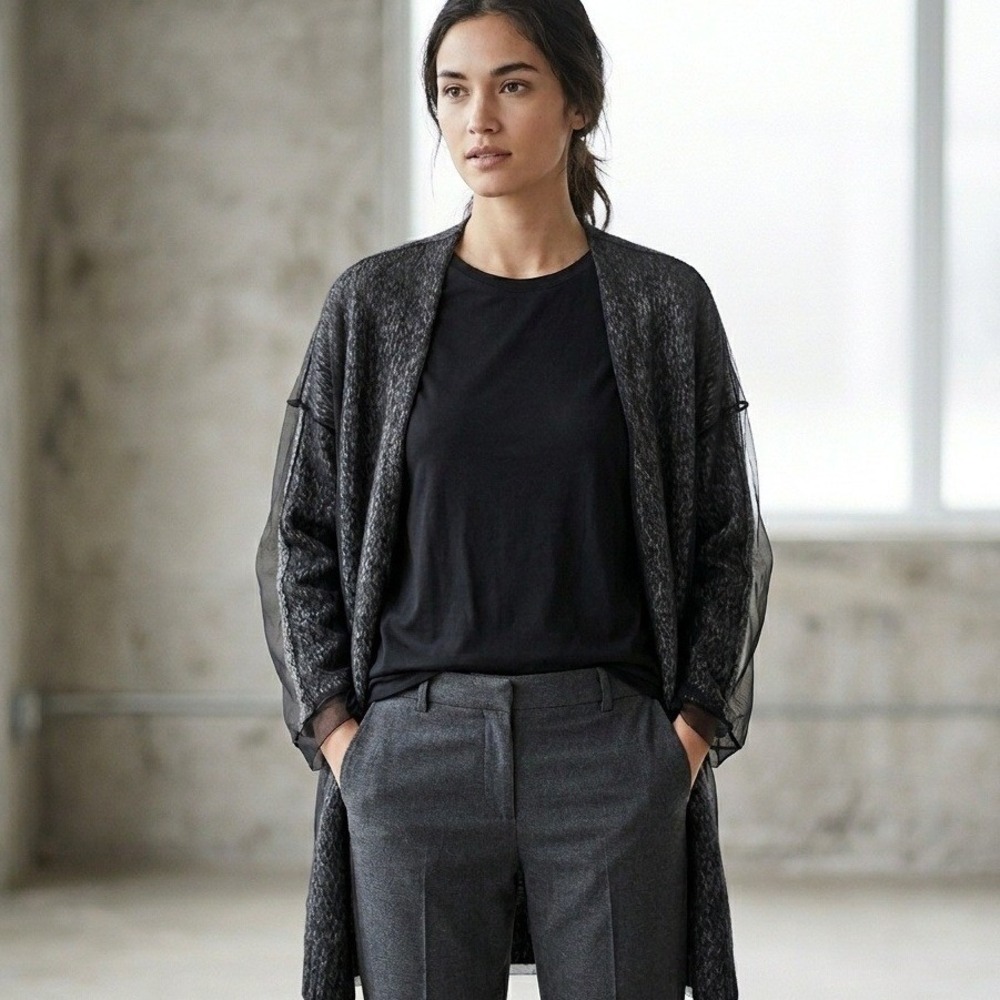 Premium $375 ottodame Wool & Alpaca Blend Black Mesh Knit Long Cardigan Duster 6